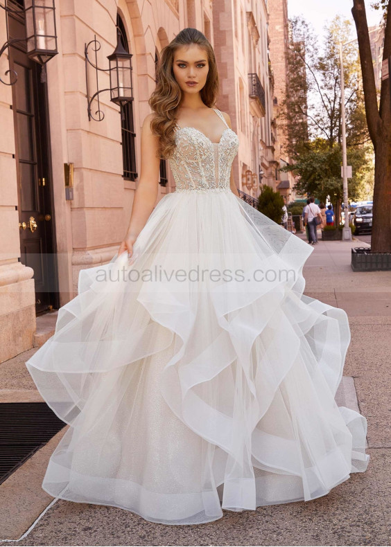 Beaded Triple Straps Ivory Tulle Ruffled Stunning Wedding Dress